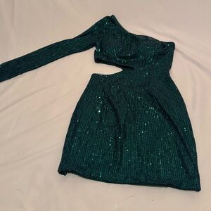 One-Shoulder Emerald Green Sequin Cutout Mini Dress
